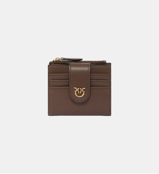 Petit portefeuille en cuir lisse à logo - Pinko - Marron châtain et or antique