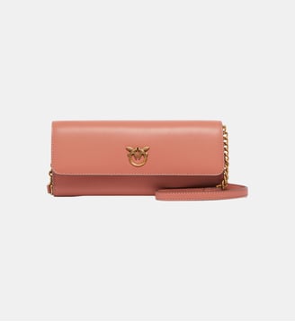 Portefeuille en cuir à bandoulière avec logo love birds - Pinko - Marron aragon et doré antique