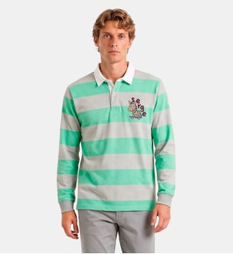 Polo de rugby manches longues rayé broderie Funky Animals - Serge Blanco - Gris
