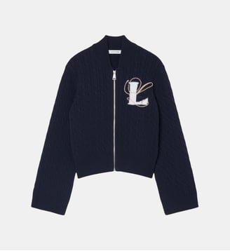 Pull zippé maille torsadée intarsia broderie - Lacoste - Bleu marine
