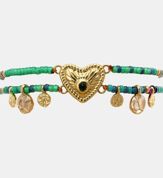 Bracelet multiliens réglable perles et pampilles avec cabochon cœur MACANOS - Hipanema - Émeraude