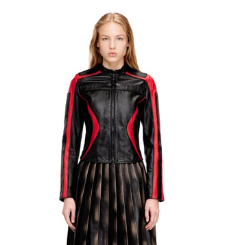 Blouson motard en cuir color-block - Diesel - Noir et rouge