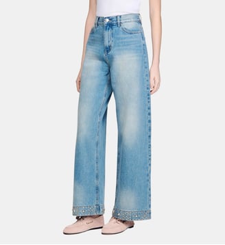 Jean droit en coton strassé - Sandro - Bleu jean