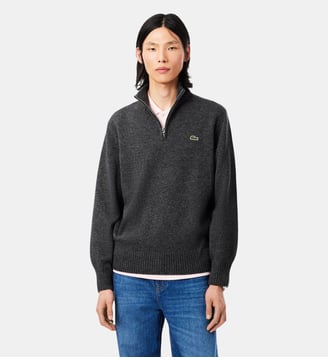 Pull zippé uni col montant laine - Lacoste - Gris chine
