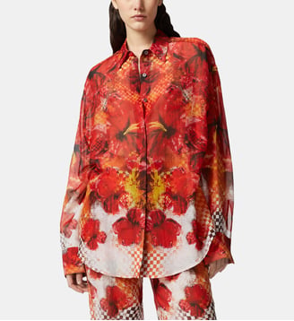 Chemise à imprimé fleurs rouges et damier - Pinko - Multicolore