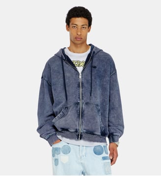 Sweat à capuche zippé en molleton de coton traité - Diesel - Bleu