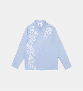 Chemisier manches longues col chemise imprimé à rayures CLEMA - La Petite Etoile - Écru et bleu