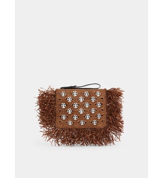 Pochette en raphia foncé avec détails de franges - Rabanne - Marron et argent