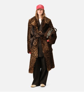 Manteau long léopard ceinturé en cuir de chèvre - AMI Paris - Marron