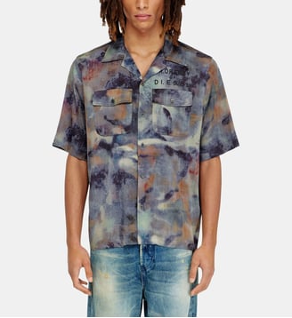 Chemise en satin à imprimé camouflage intégral - Diesel - Bleu et marron