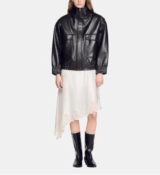 Blouson oversize en cuir col montant - Sandro - Marron foncé