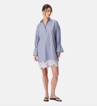 Robe chemise courte rayures et dentelle - Ikks - Bleu acier