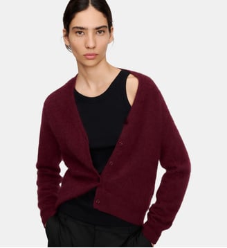 Cardigan brossé en laine mérinos à col V - Adolfo Dominguez - Prune