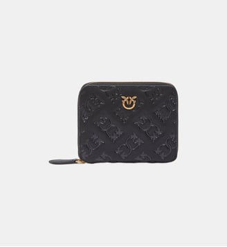 Portefeuille carré en cuir gaufré monogram - Pinko - Noir or antique