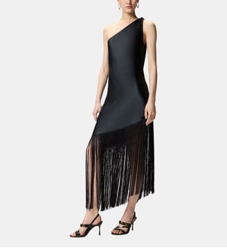 Robe courte asymétrique en satin à franges - Pinko - Limousine noire
