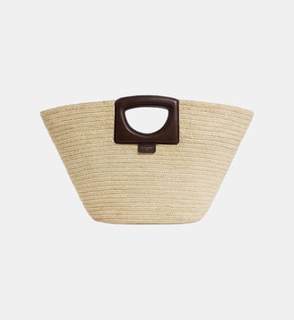 Grand sac cabas en raphia naturel et cuir lisse végétal - Le Tanneur - Marron naturel ebène