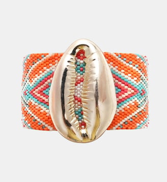 Bracelet manchette perles tissées avec cabochon coquillage APHASE - Hipanema - Corail