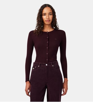 Cardigan côtelé laine mérinos - Lacoste - Marron