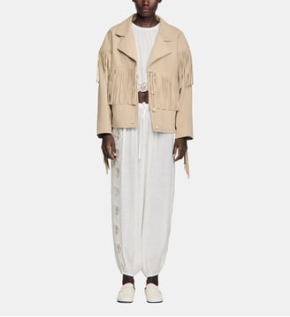 Blouson cuir suède à franges - Sandro - Beige