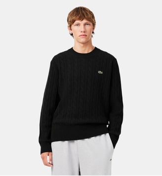 Pull torsadé en laine col rond - Lacoste - Vert foncé