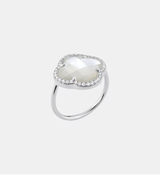 Bague, nacre blanche grand modèle, diamants, or blanc - Morganne Bello - Or blanc