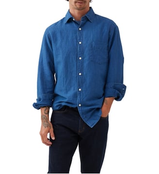 Chemise unie slim en lin et coton manches longues Clifton - Rodd & Gunn - Bleu moyen