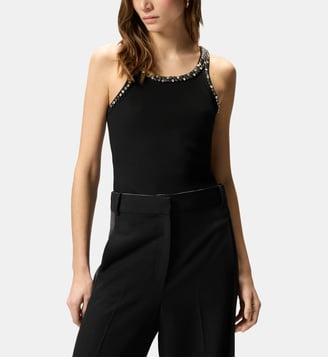 Top côtelé avec broderies bijoux - Pinko - Limousine noire