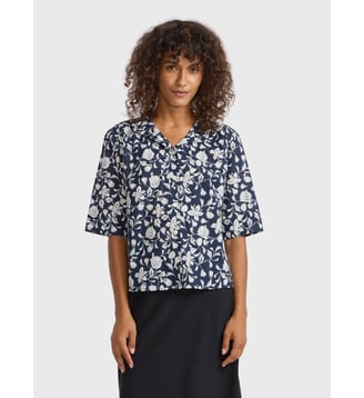 chemise en coton col officier - Agnès b. - Bleu parker