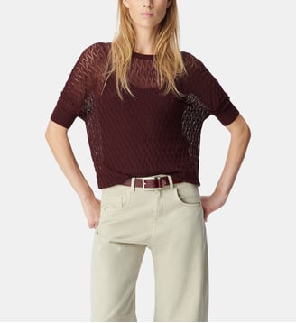 Pull tricot fin ajouré lurex - Ikks - Violet aubergine