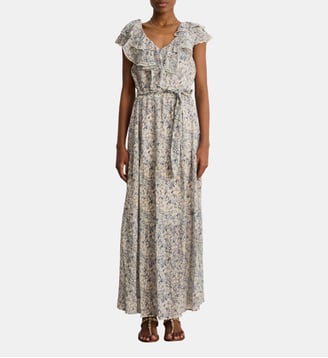 Robe longue à fleurs et volants - ARLENE - Pablo - Bleu