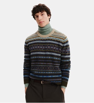 Pull col rond fairisle - Bompard - Argile et kaki kombu