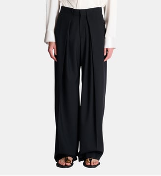 Pantalon à larges plis plats en sergé de laine - Balmain - Noir