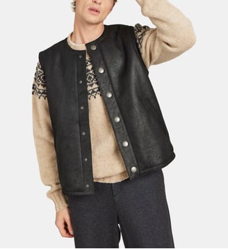 gilet en cuir lainée noir - Agnès b. - Noir foncé