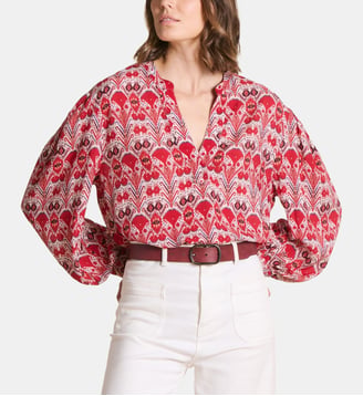 Top ample à imprimé manches longues - La Fée Maraboutée - Beige et rouge