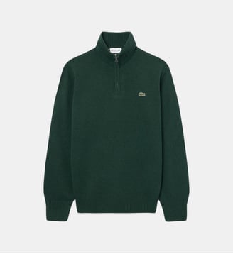 Pull zippé uni col montant laine - Lacoste - Vert