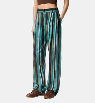 Pantalon fluide en coton à rayures façon coups de pinceau - Pinko - Vert et noir