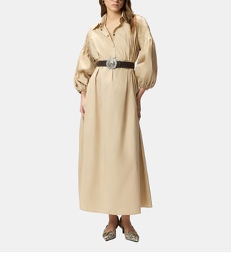 Robe chemise longue en coton avec fine ceinture - Pinko - Beige ciment