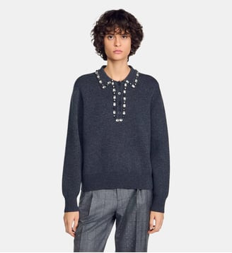 Pull col polo bijoux - Sandro - Gris