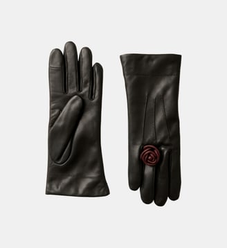 Gants Cameabague Femme Cuir détail floral Doublés Alpaga - Agnelle - Noir et bordeaux