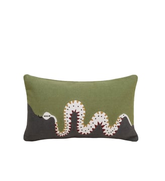 Housse De Coussin  Coton rebrodé d'un serpent en chaînette - Madura - Vert et python doré