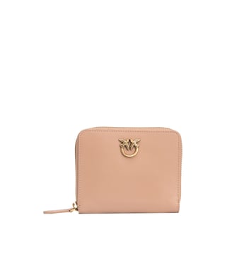 Portefeuille carré à contour zippé en cuir - Pinko - Marron et doré