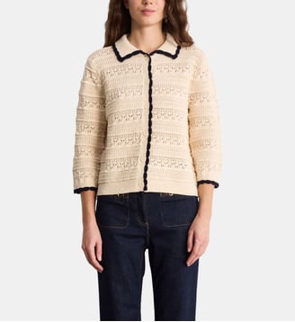 Gilet en crochet à col polo contrasté - LYSA - Pablo - Écru