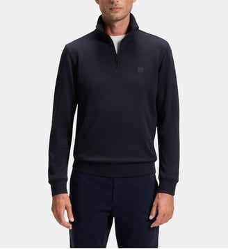 Sweat en coton molletonné à encolure zippée et patch logo - BOSS - Bleu foncé