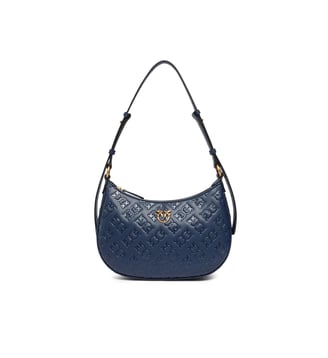 Petit sac porté épaule half moon avec logo love birds - Pinko - Bleu indigo ombré or antique