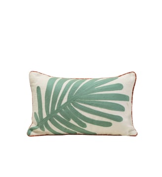 Housse De Coussin  Feuille de palmier brodée - Madura - Écru et vert tropique