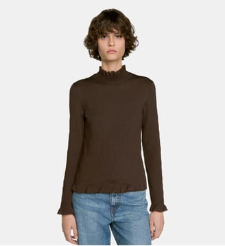 T-shirt smocké à col volanté - Sandro - Marron