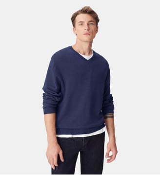 Pull col V tricot 100% laine - Ikks - Bleu nuit
