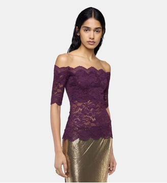 Top à manches courtes en dentelle superposée - Rabanne - Violet magenta