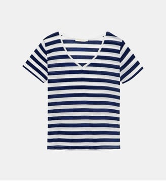 T-shirt manches courtes col v imprimé à rayures ELVIE - La Petite Etoile - Écru et bleu