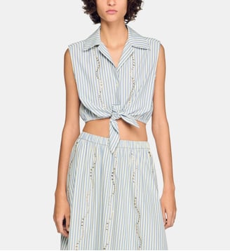 Chemise courte à rayures et strass - Sandro - Bleu